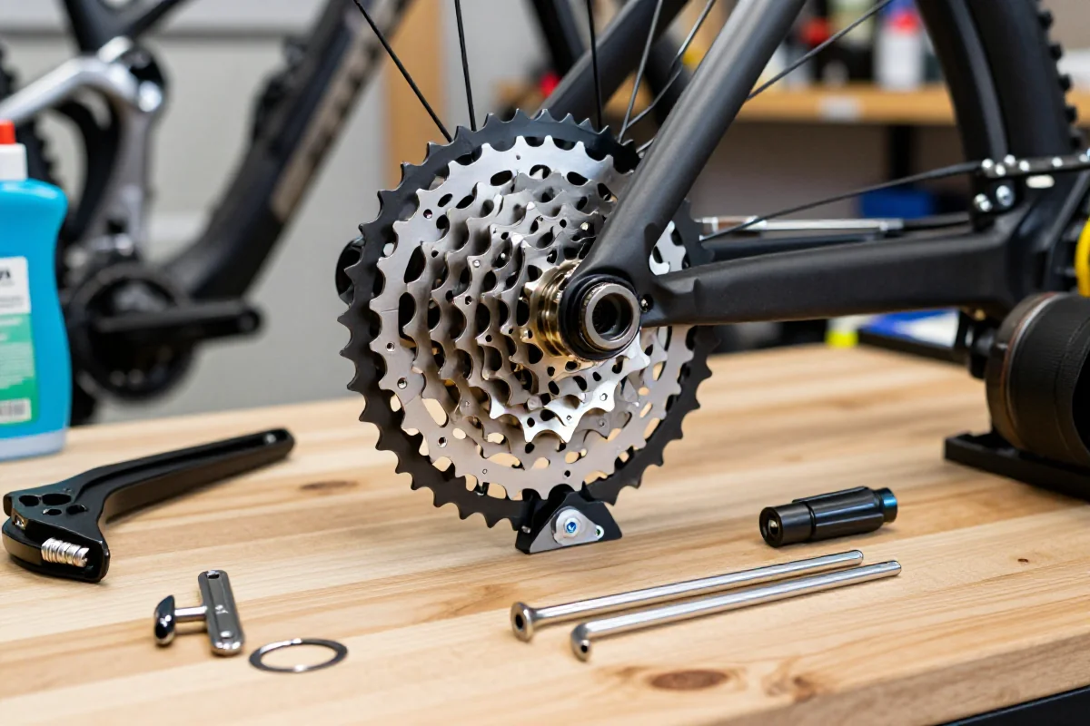 Bliska fotografia kasety tylnej MTB i narzędzi do jej wymiany