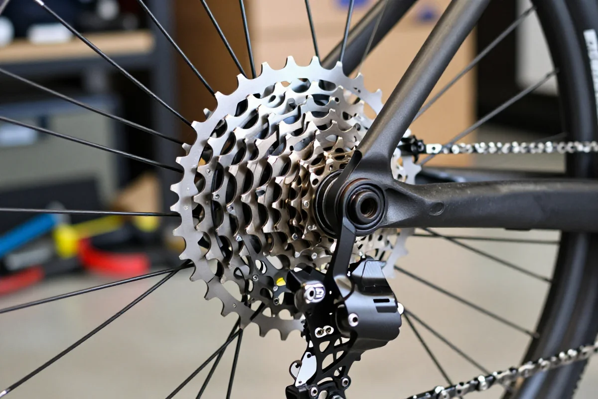 Kaseta XD w rowerze górskim, szczegóły zębatek i napędu.