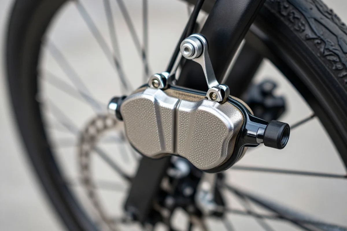 Zbliżenie klocków hamulcowych na rowerze, pokazujące ich stan zużycia.