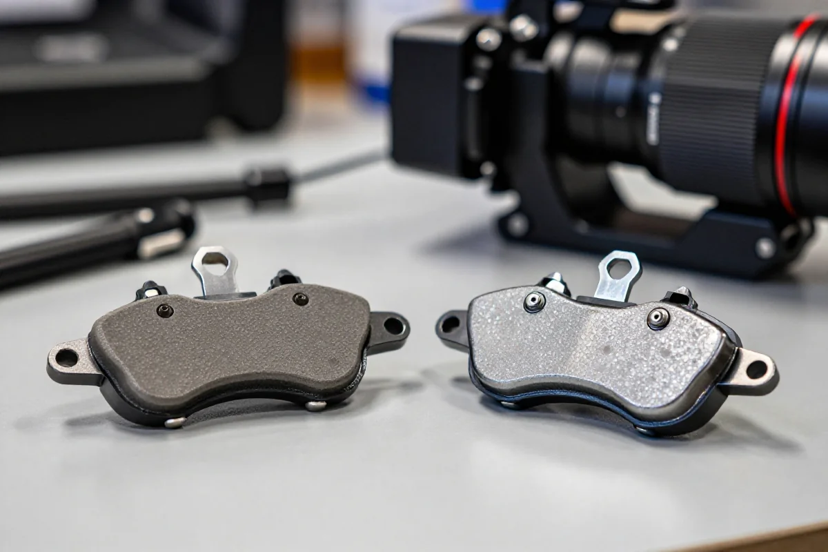 Klocki hamulcowe do roweru górskiego na warsztacie, organiczne i metaliczne.