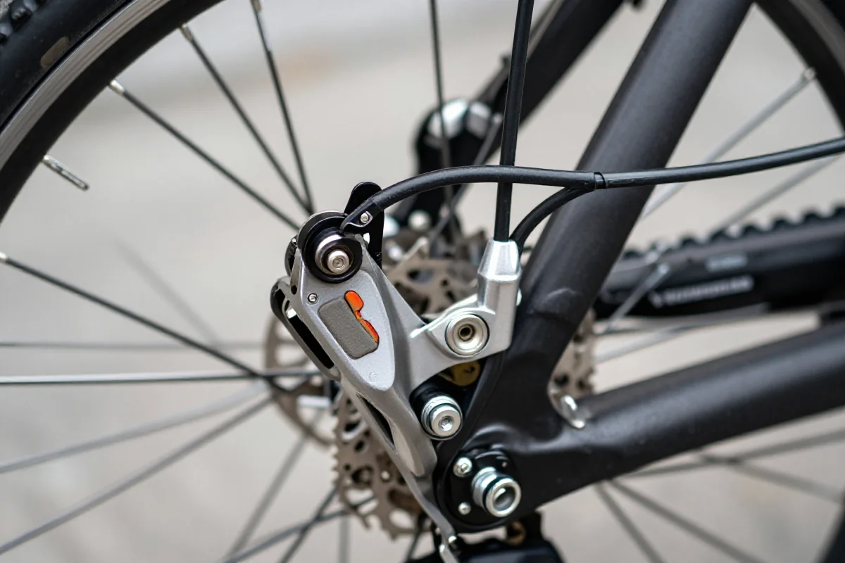 Widok z bliska na hamulce V-brake i zużyte klocki rowerowe