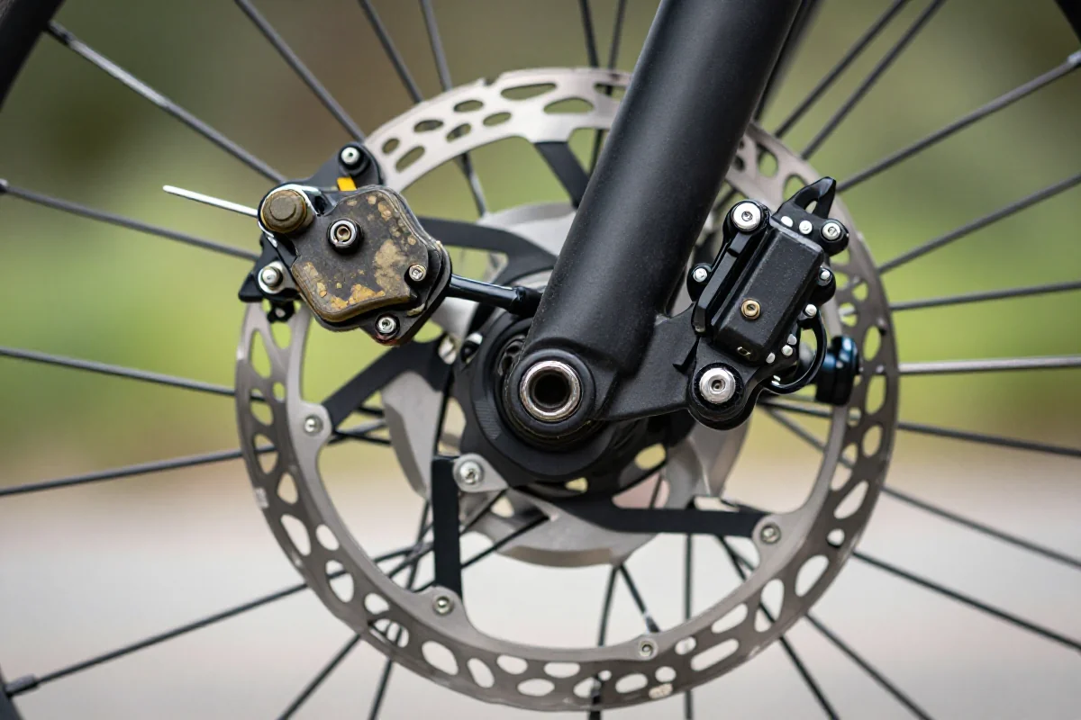 Widok z bliska na zużyte klocki i tarcze hamulcowe w rowerze górskim.