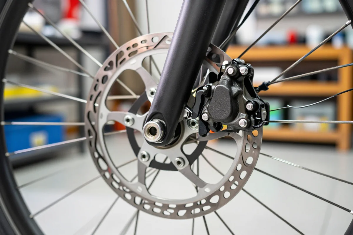 Widok na klocki hamulcowe i tarczę w rowerze miejskim.