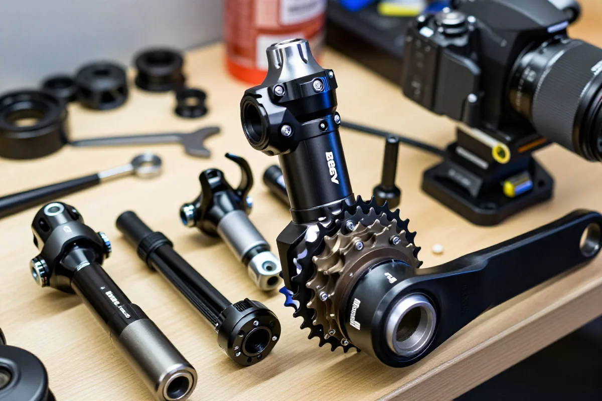 Zbliżenie na suport roweru górskiego w warsztacie, pokazujące szczegóły komponentów.