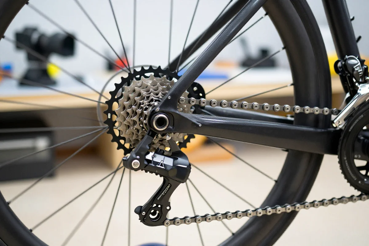 Zbliżenie na nowy łańcuch i kasetę rowerową w warsztacie