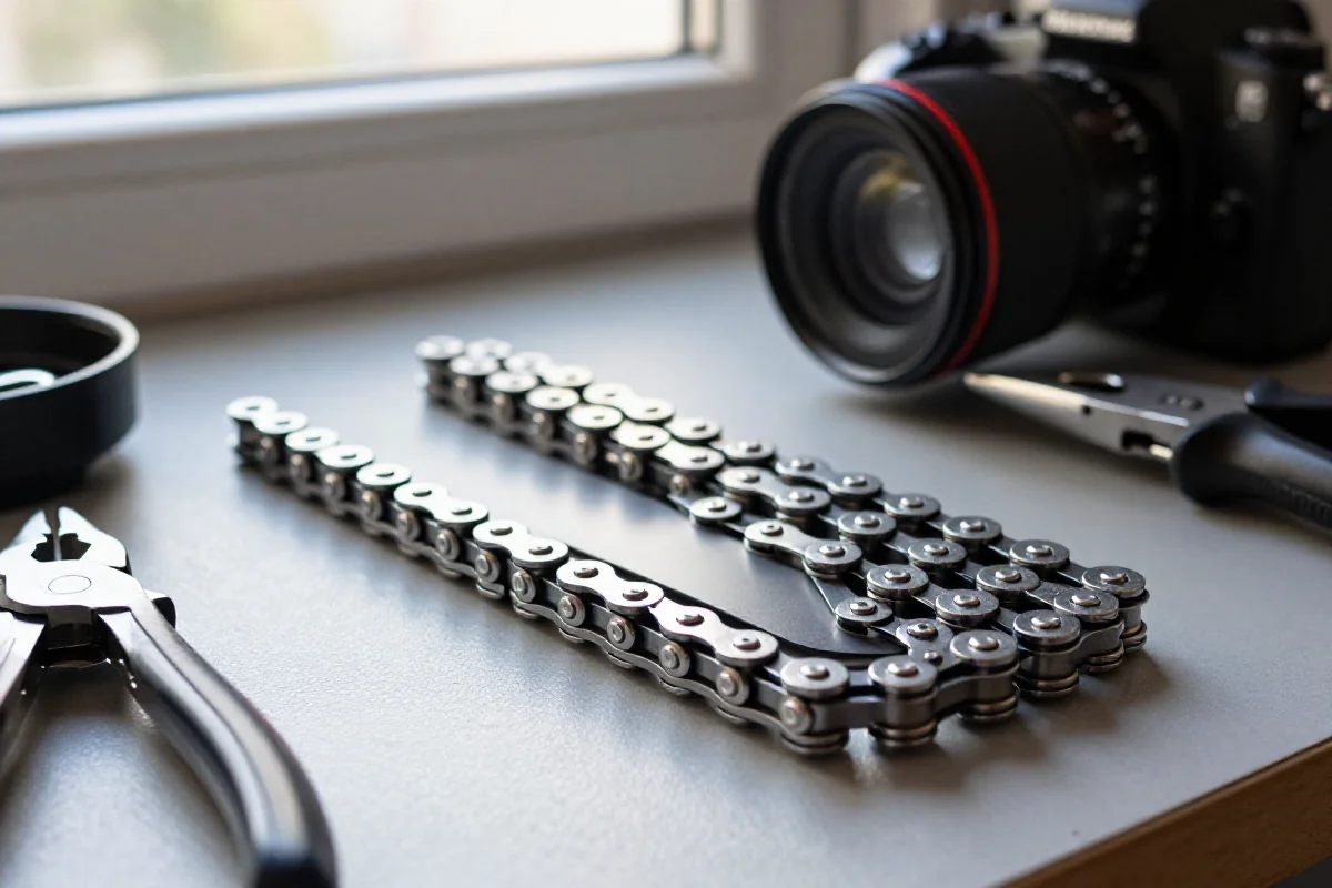 Nowy łańcuch rowerowy na stole warsztatowym, narzędzia do konserwacji obok.