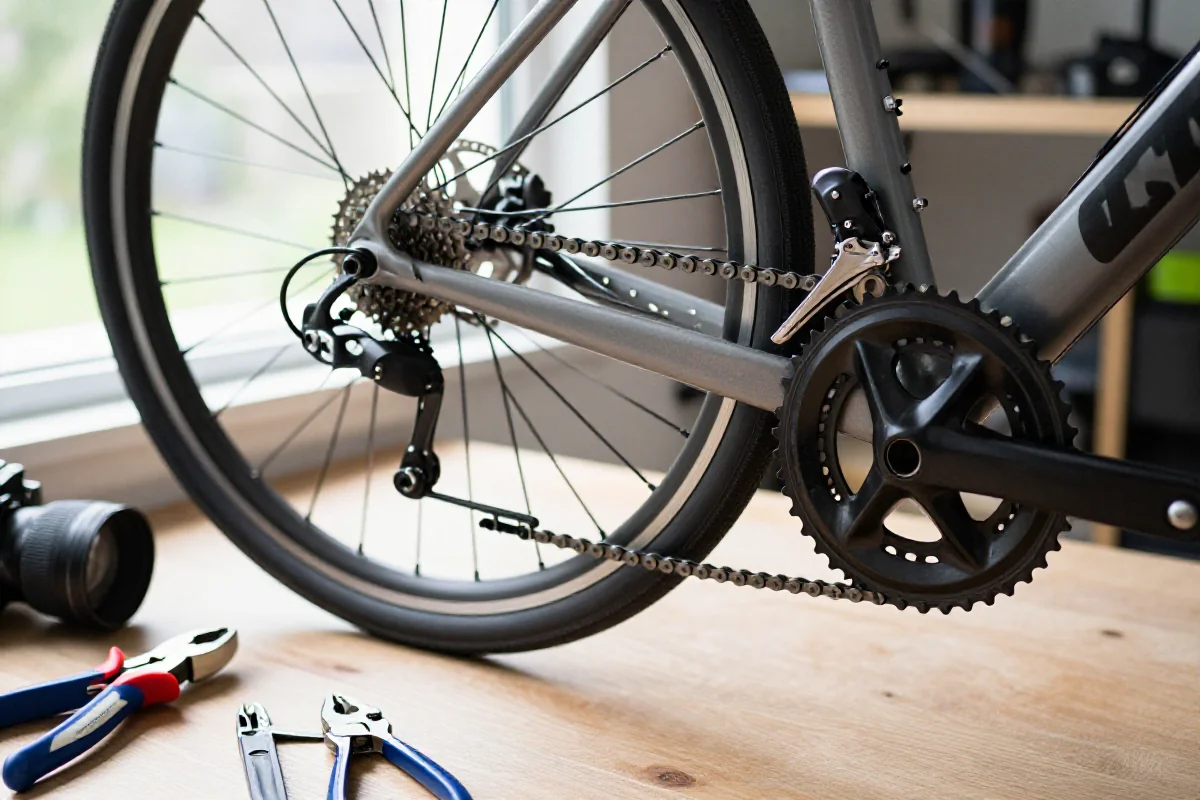 Zbliżenie na wymianę łańcucha w rowerze miejskim w warsztacie.