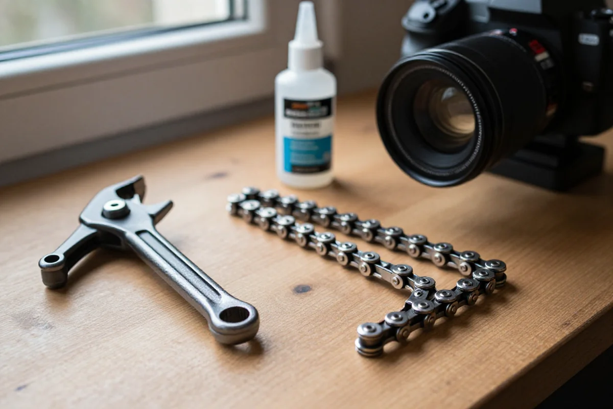 Zamiana łańcucha roweru miejskiego z narzędziami na stole warsztatowym