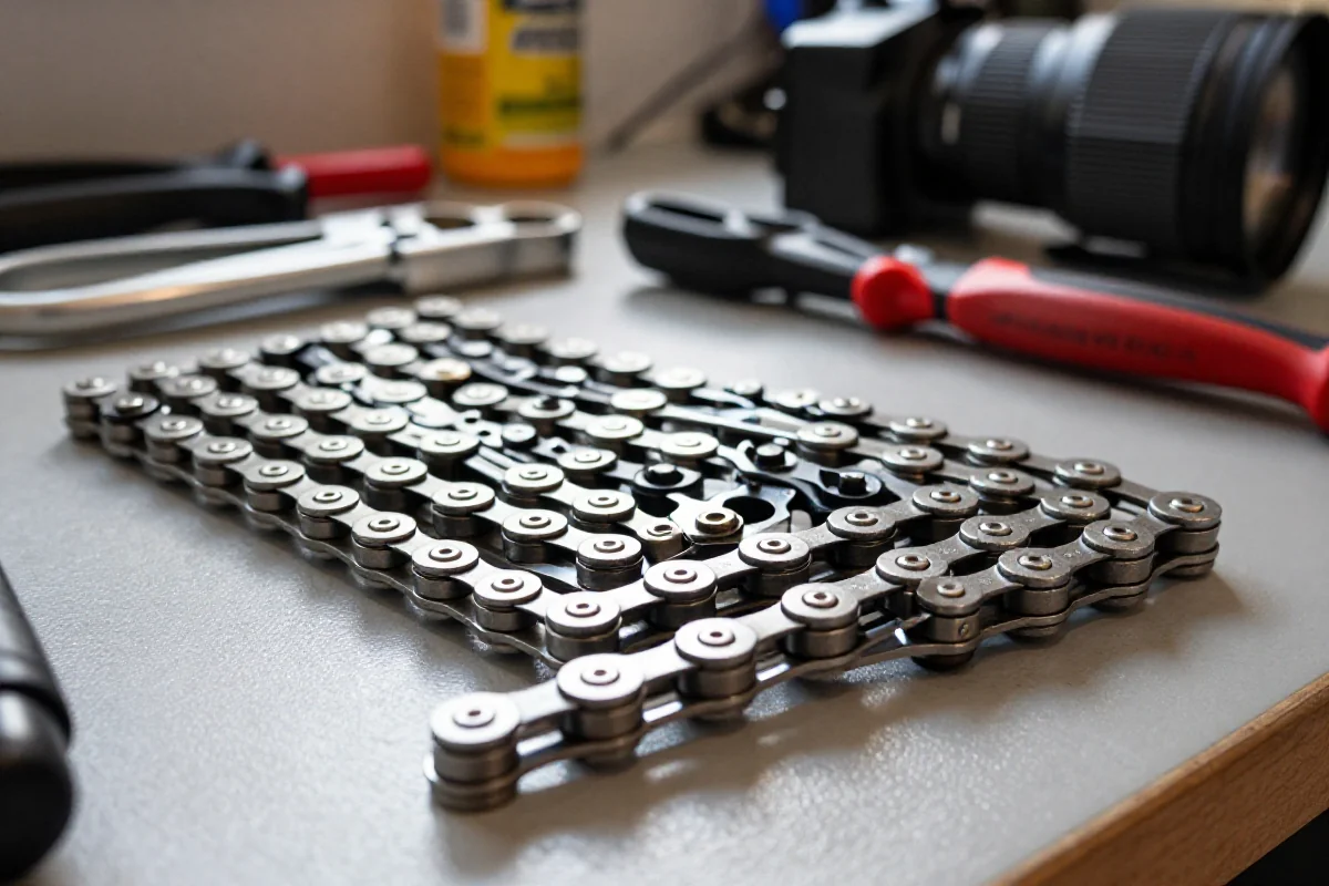 Zbliżenie na łańcuch 12-rzędowy do roweru górskiego na warsztacie