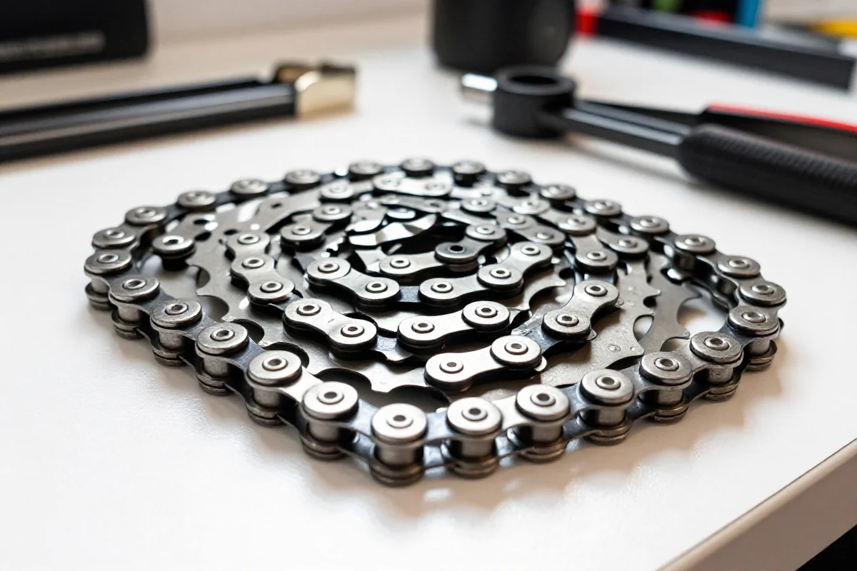 Zbliżenie na łańcuch 12-rzędowy do roweru szosowego na czystym blacie roboczym.