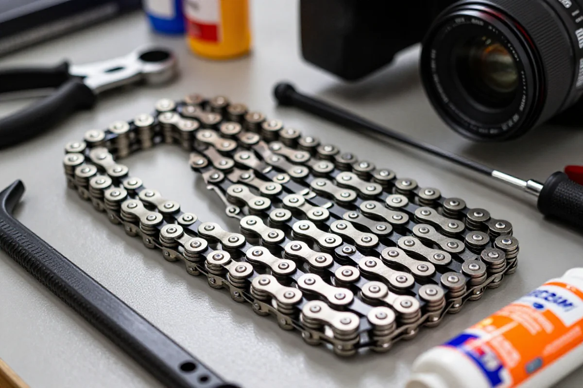 Zbliżenie na łańcuch rowerowy 1x12 na warsztacie z narzędziami.