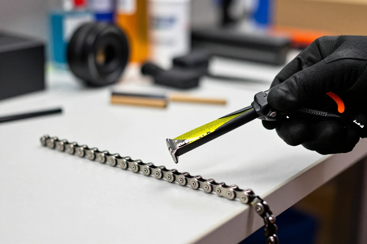 Pomiar zużycia łańcucha w rowerze górskim za pomocą narzędzia.