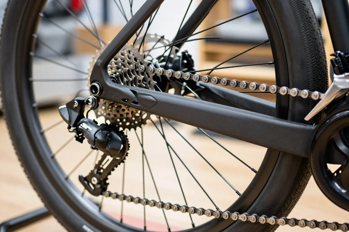 Zbliżenie na łańcuch w rowerze elektrycznym w warsztacie