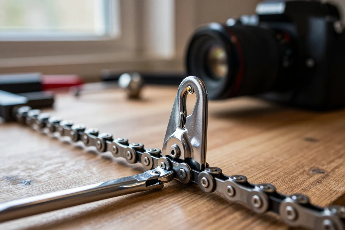 Zbliżenie na łańcuch rowerowy z quick-linkiem na warsztatowym blacie