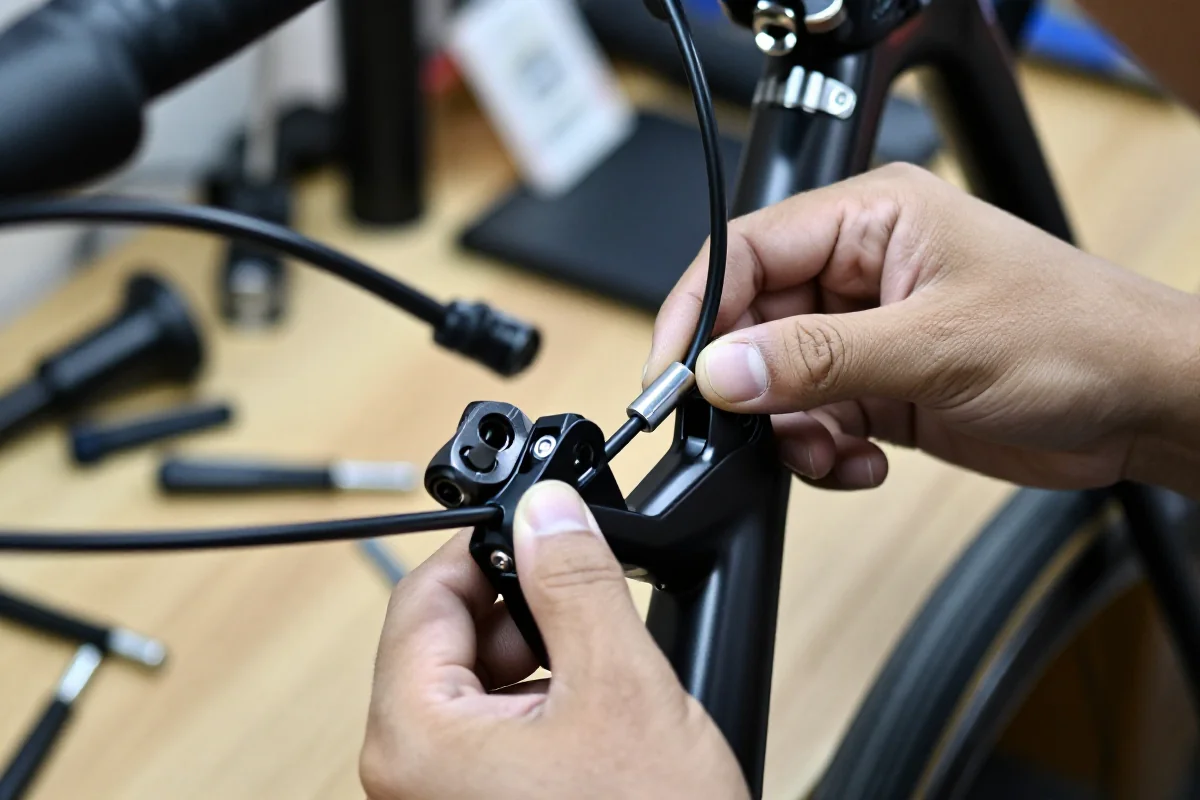 Wymiana linek i pancerzy przerzutek w rowerze szosowym w warsztacie.