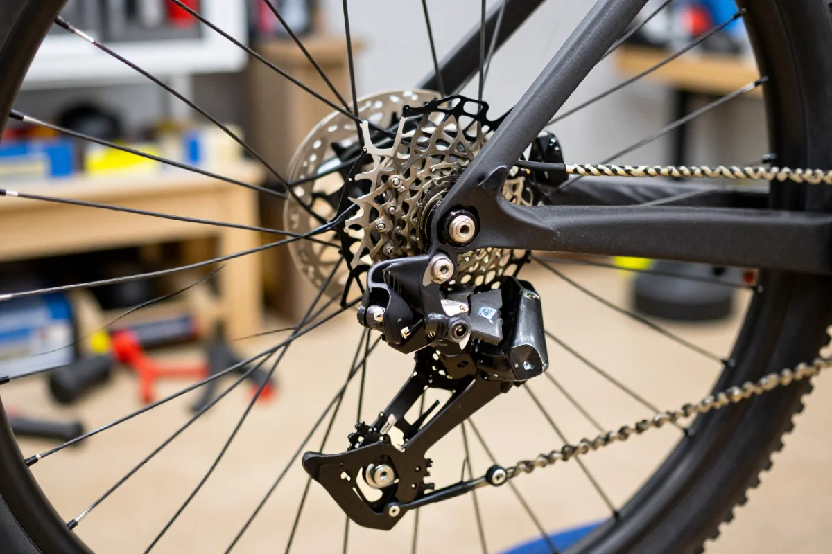 Szczegóły wymiany linek i pancerzy przerzutek roweru górskiego.