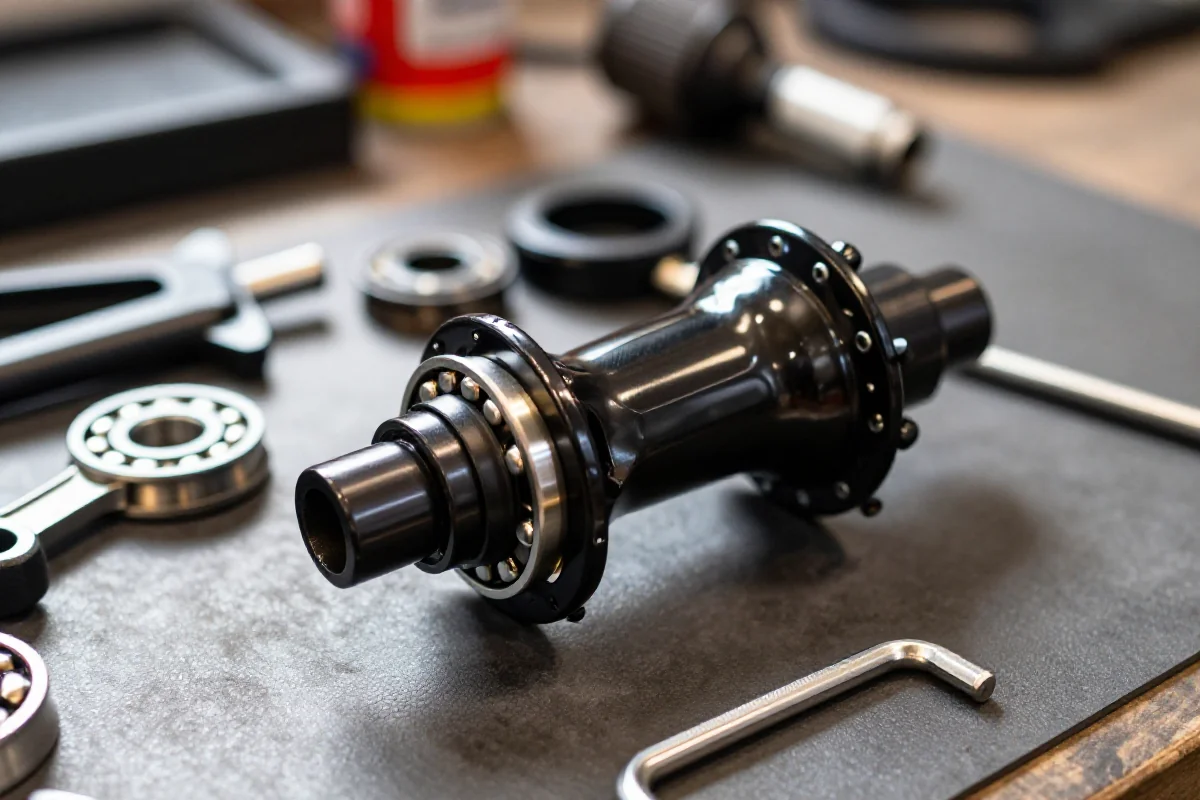 Wymiana łożysk w piaście roweru górskiego DT Swiss 350 na stole warsztatowym.