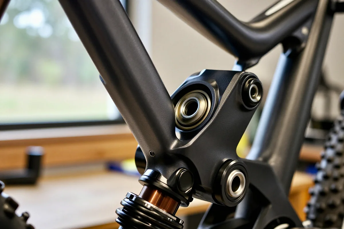 Zbliżenie na łożyska wahacza roweru MTB w warsztacie