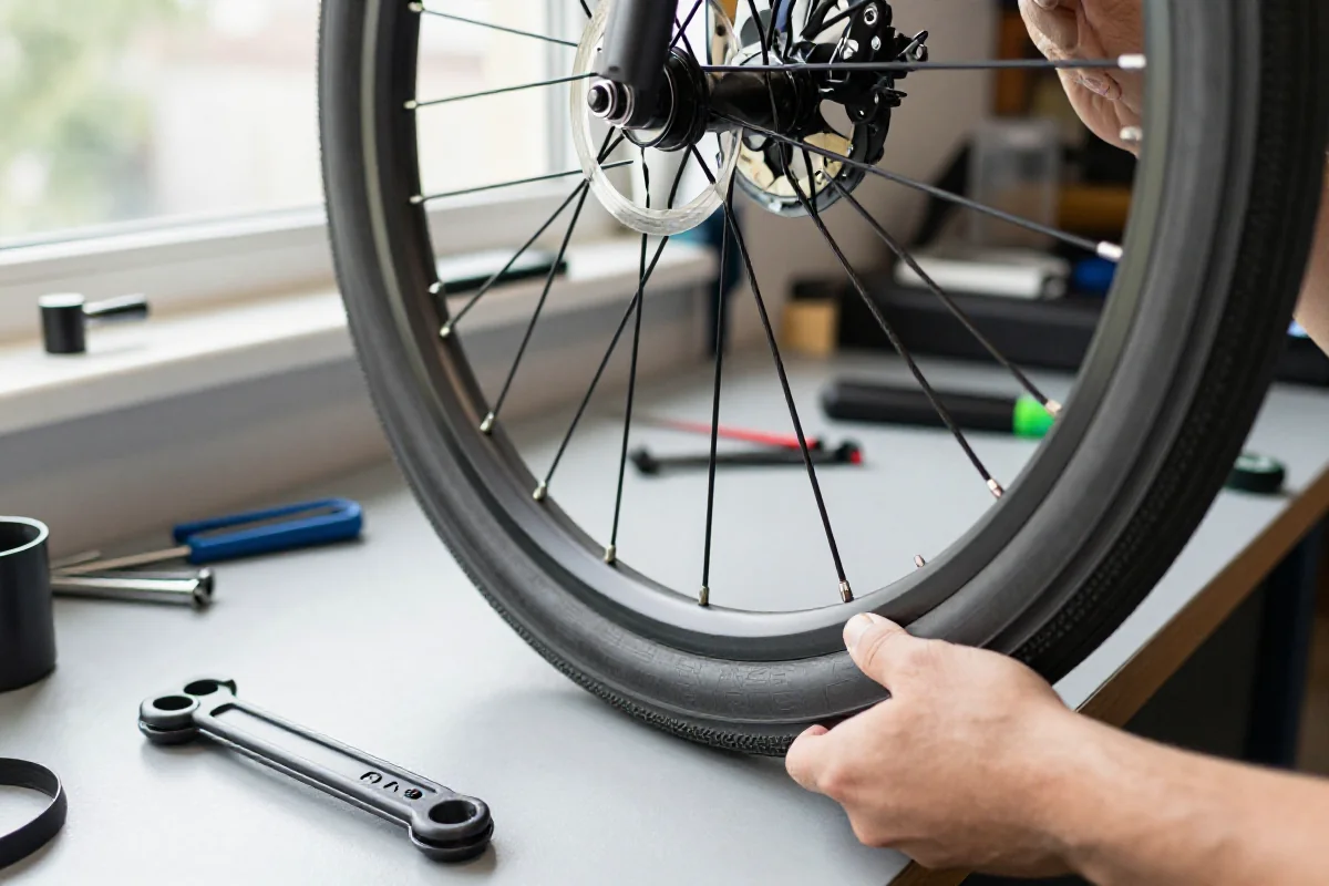 Demontaż opon rowerowych w warsztacie rowerowym, skupienie na oponach i dętkach.