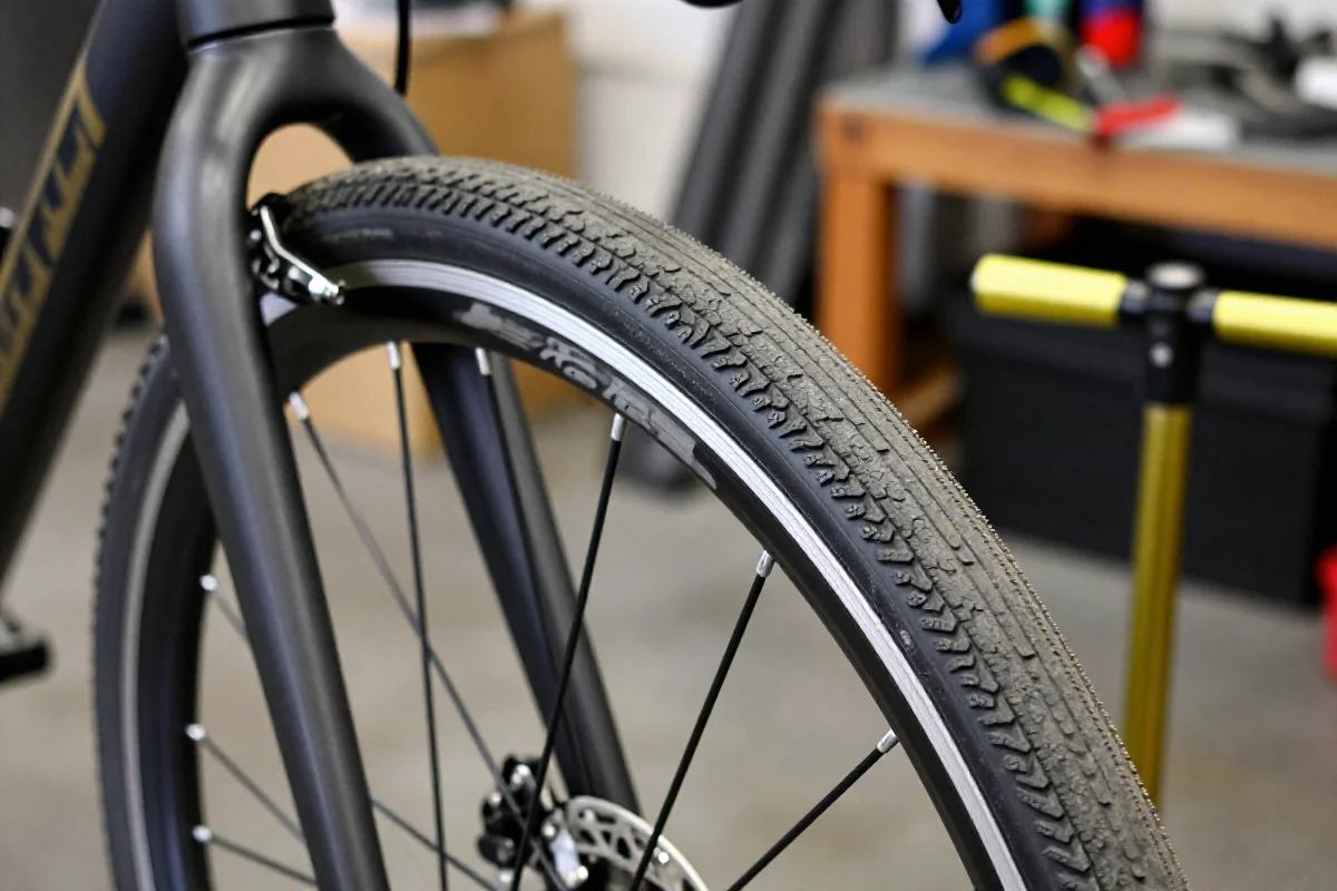 Wymiana opon rowerowych w warsztacie, zdjęcie detalu opony miejskiej.