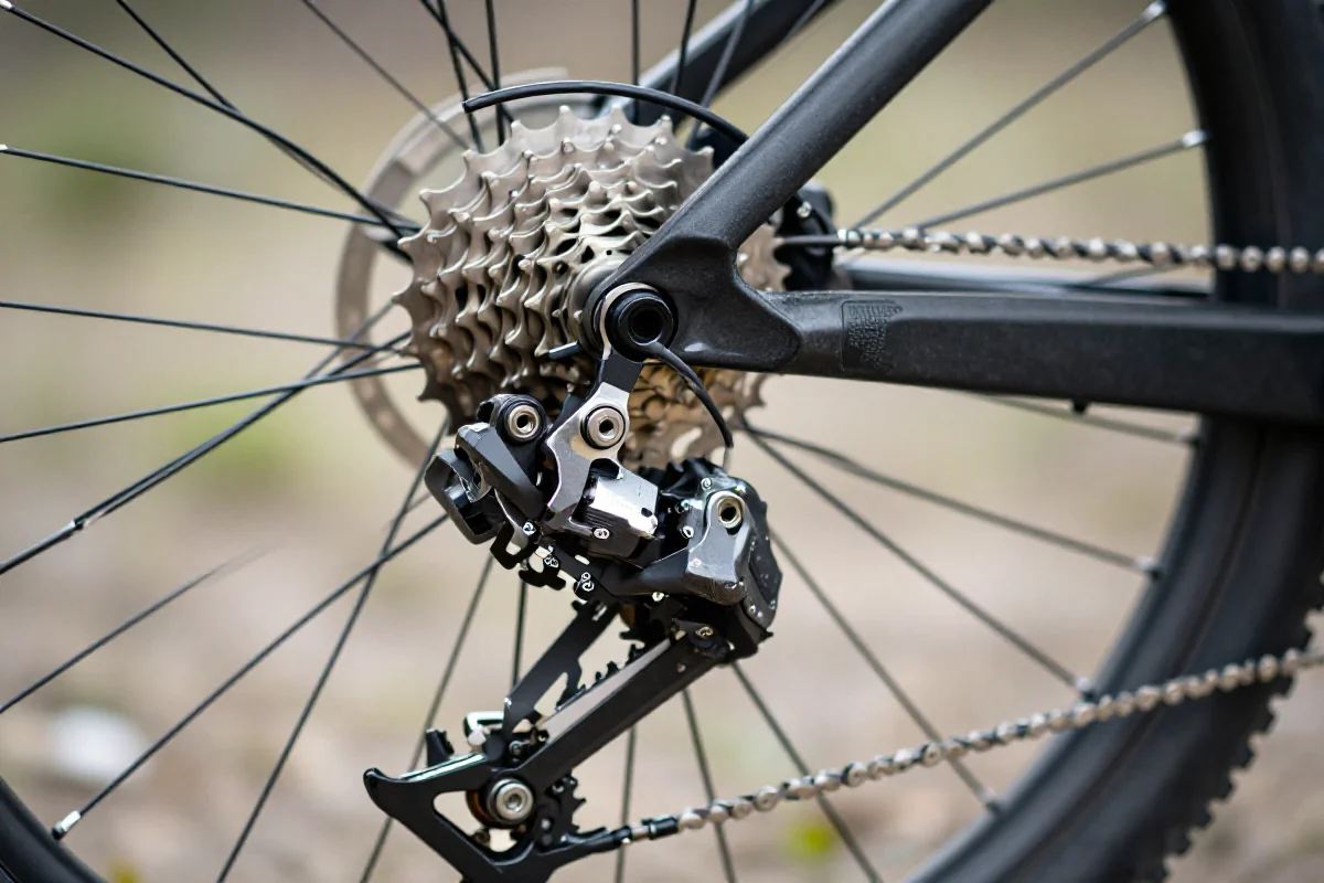 Bliska fotografia systemu przerzutek roweru górskiego z detalami pancerzy.