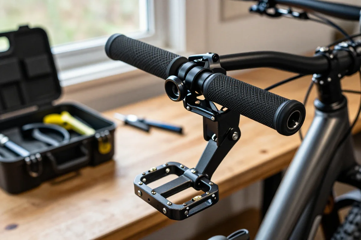 Nowe gripsy i pedały w rowerze MTB, istotne dla komfortu jazdy.