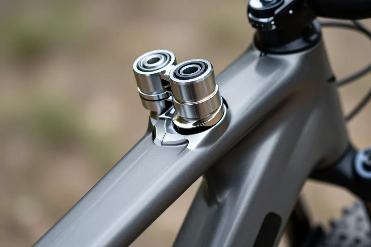 Szczegółowe zdjęcie sterowania roweru górskiego z łożyskami w ramie.