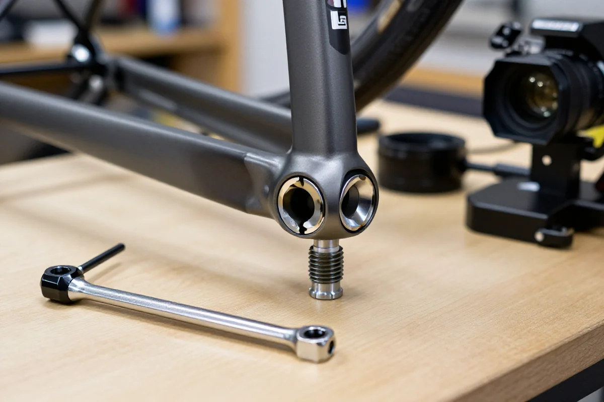 Wymiana suportu BSA w rowerze w dobrze oświetlonym warsztacie