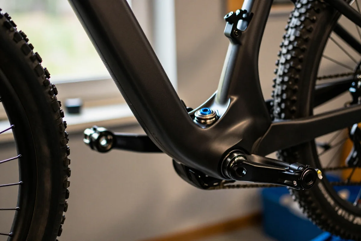 Serwis łożysk suportu w rowerze górskim, zbliżenie na komponenty.