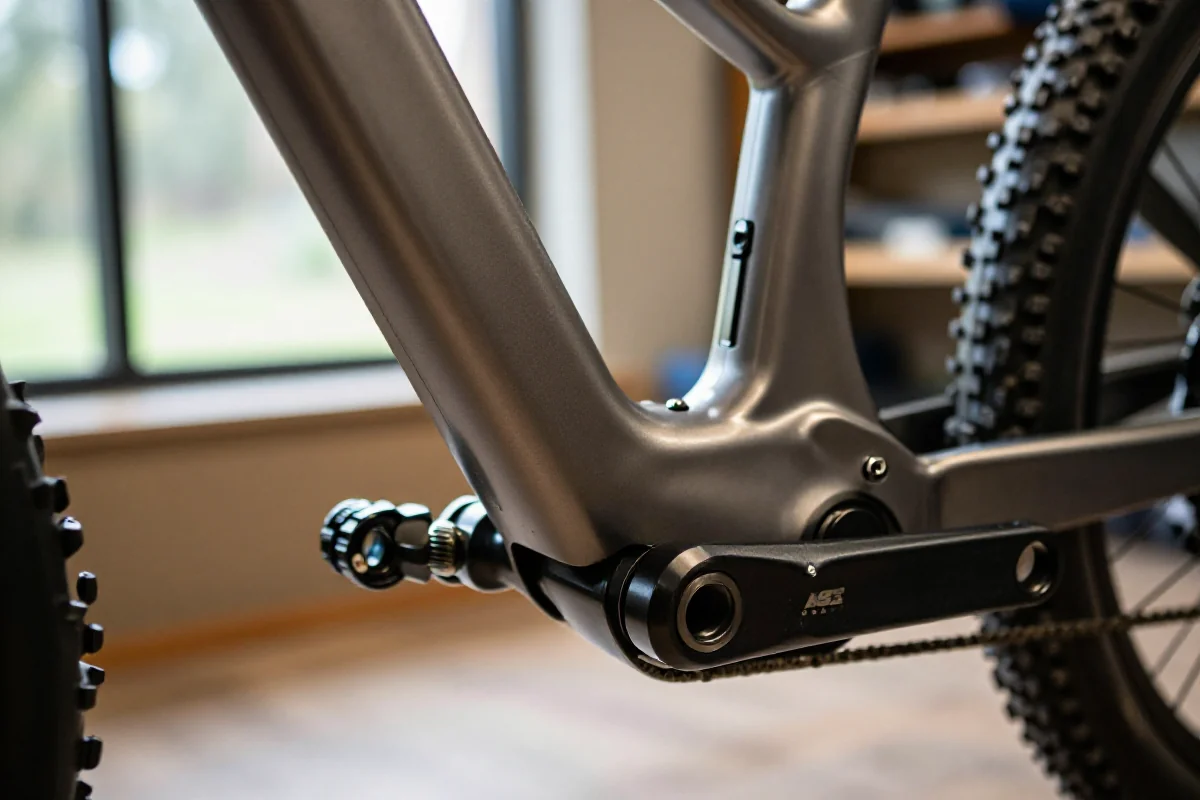 Zbliżenie na wymianę suportu w rowerze górskim MTB.