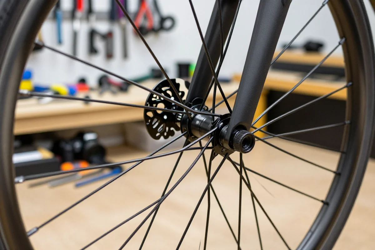 Szczegóły szprych rowerowych w warsztacie, wymiana szprychy w rowerze.