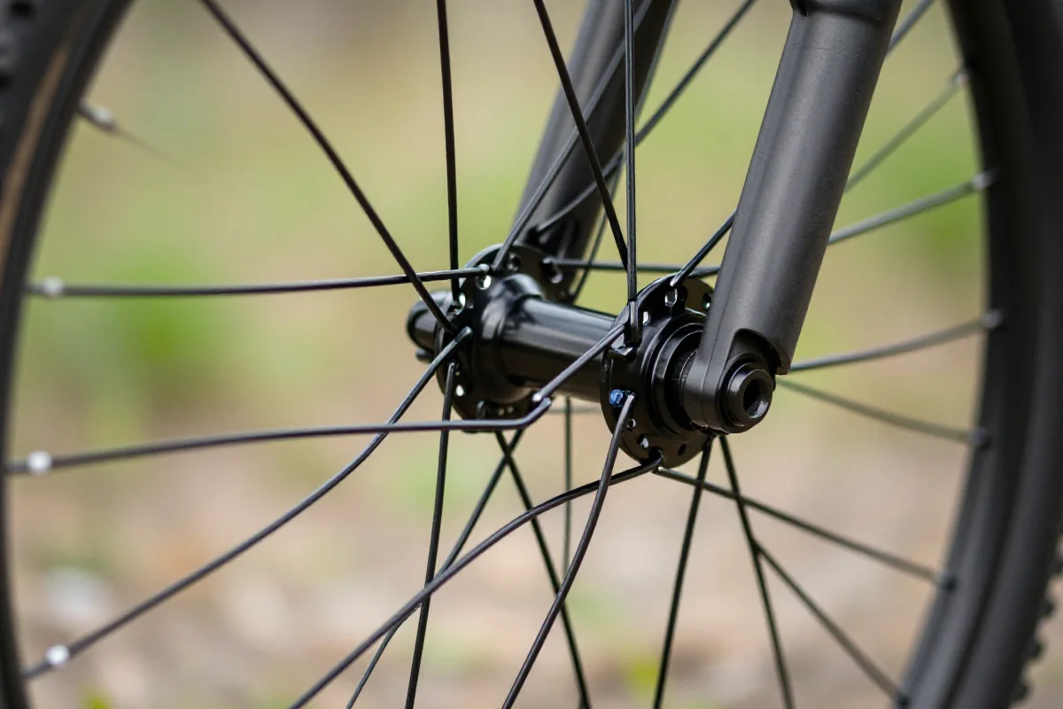 Zbliżenie na koło roweru MTB z systemem szprych boost i detalami szprych.