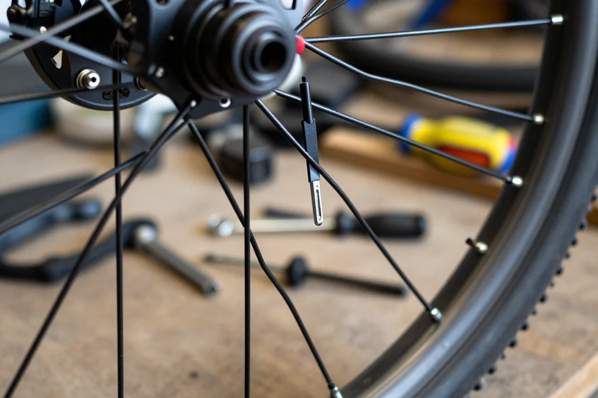 Zbliżenie na koło MTB z uszkodzoną szprychą i narzędziami do wymiany.