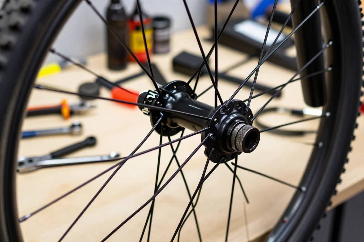 Wymiana szprychy w kole napędowym roweru górskiego w warsztacie