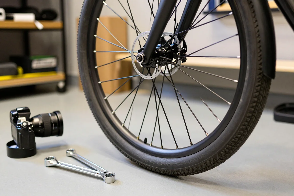 Wymiana tylnej opony roweru miejskiego w warsztacie, narzędzia obok.