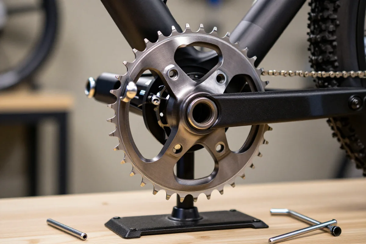 Zębatka przednia roweru górskiego na stojaku serwisowym, narzędzia w tle.