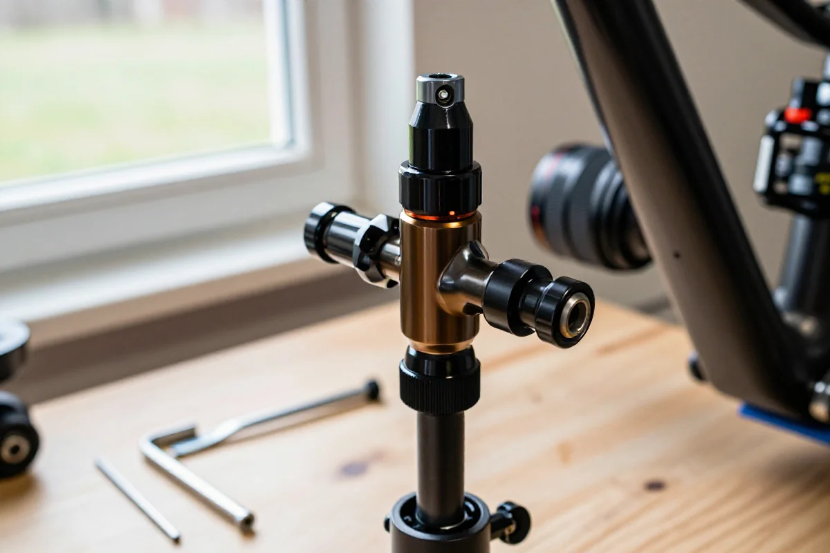 Zbliżenie na zintegrowane sterowanie roweru górskiego podczas wymiany w warsztacie.