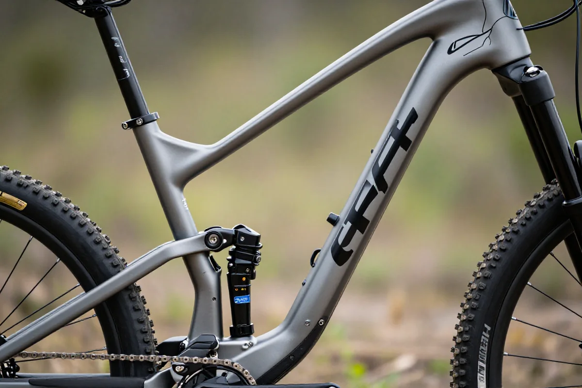 Szczegóły ramy roweru górskiego z wymiarami reach, stack, wheelbase i chainstay.