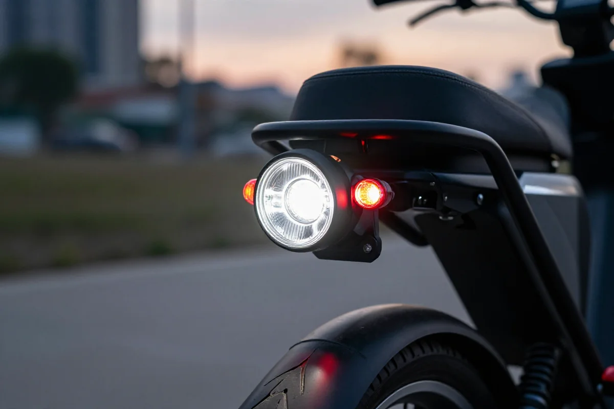 System oświetlenia roweru elektrycznego, widoczny przedni i tylny reflektor.
