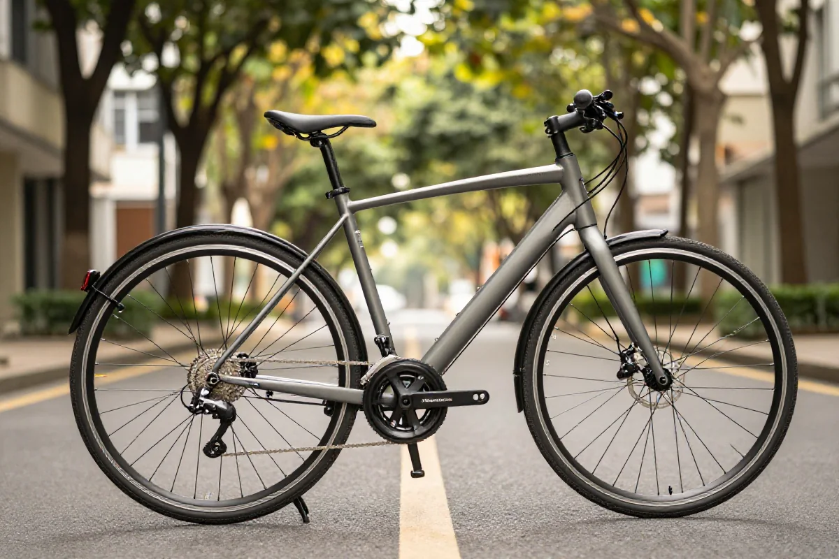 Nowoczesny pedelec na ulicy, pokazujący szczegóły roweru elektrycznego.