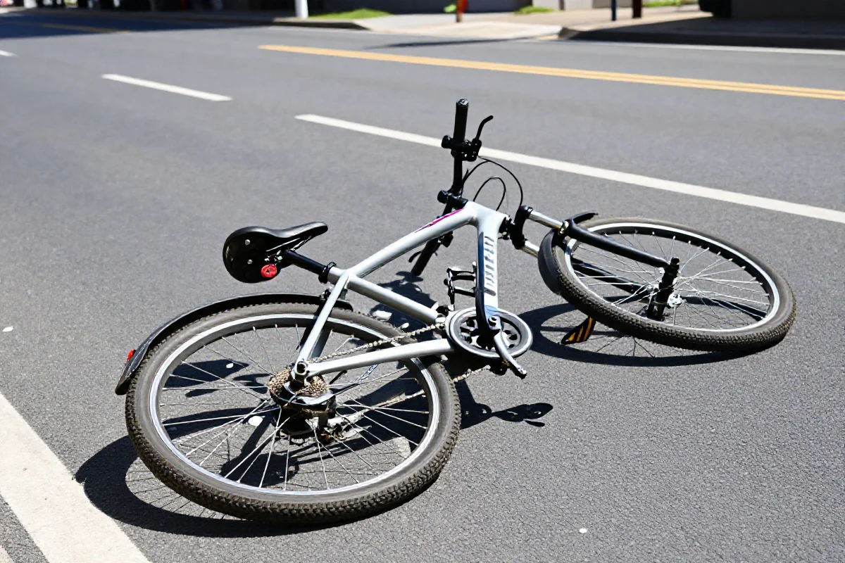 Scena wypadku rowerowego na drodze, uszkodzony rower w centrum uwagi.