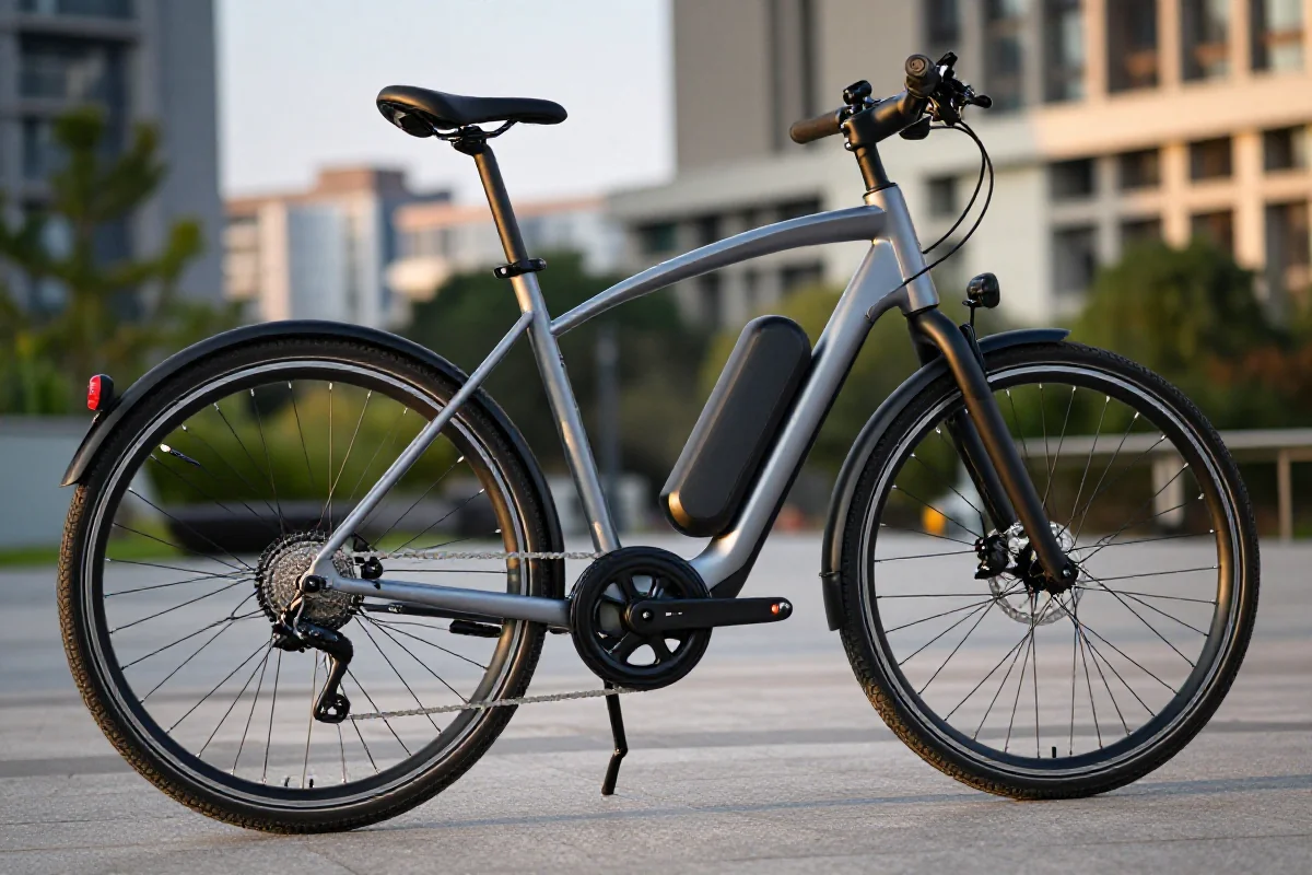 Nowoczesny rower elektryczny (e-bike) w miejskim otoczeniu, skupienie na szczegółach.