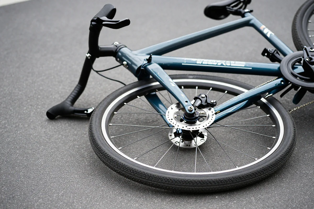 Uszkodzony rower po wypadku z samochodem na asfaltowej nawierzchni