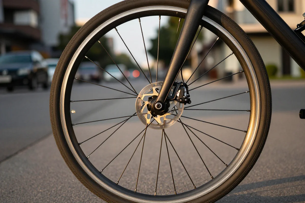 Szczegóły koła rowerowego na tle miejskiej ulicy, w kontekście wypadków rowerowych.