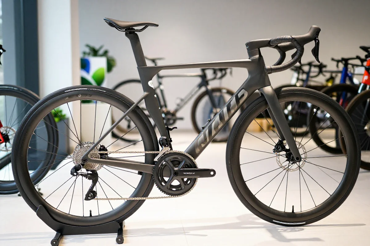 Drogowy rower szosowy z ramą karbonową i nowoczesnymi komponentami.