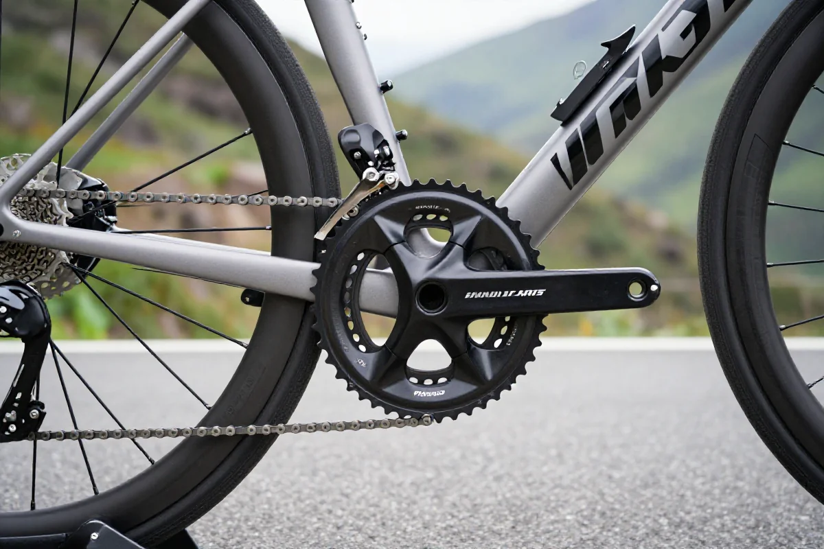 Bliska fotografia korby roweru szosowego, ukazująca szczegóły mechanizmu przełożeń.