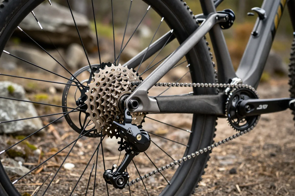 Szczegóły napędu 1x12 w rowerze górskim na podjeździe