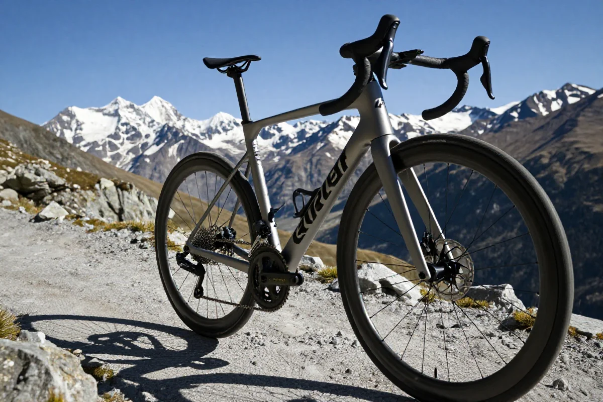 Szosowy rower na górskim szlaku, ukazujący detale sprzętu rowerowego.