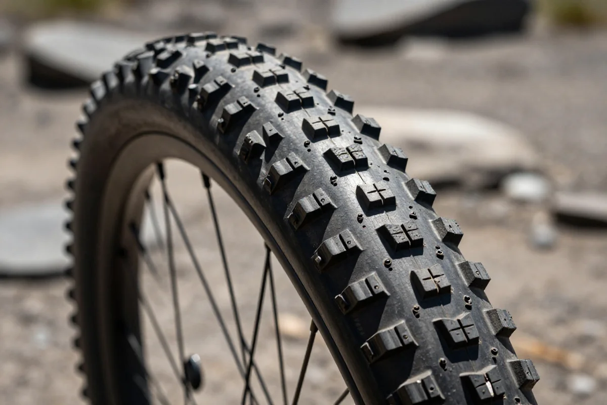 Bieżnik opony MTB na kamienistej nawierzchni, pokazujący różne wzory i zastosowania.