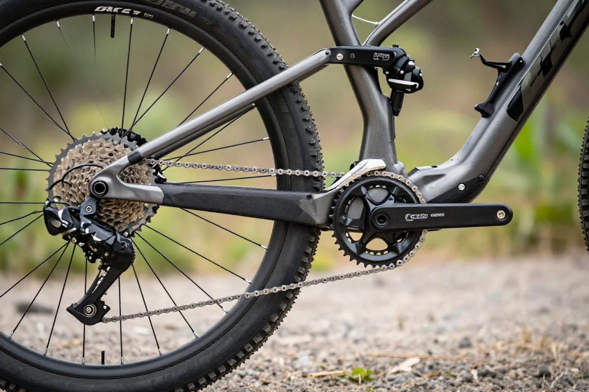 Bliskość napędu roweru MTB 1x i 2x z widocznymi zębatkami.